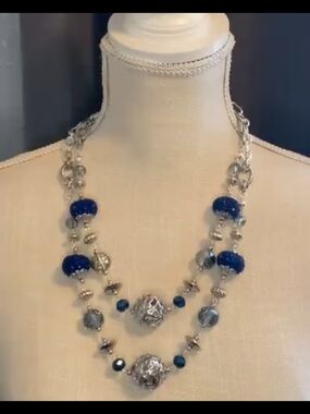 Elegant Double-Strand Silver Necklace with Blue Beads